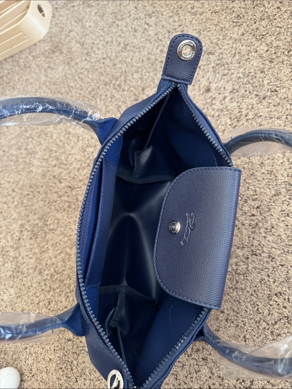 Rare Longchamp Navy Le Pliage Top-Handle Tote with Strap Size Medium - Picture 8 of 9